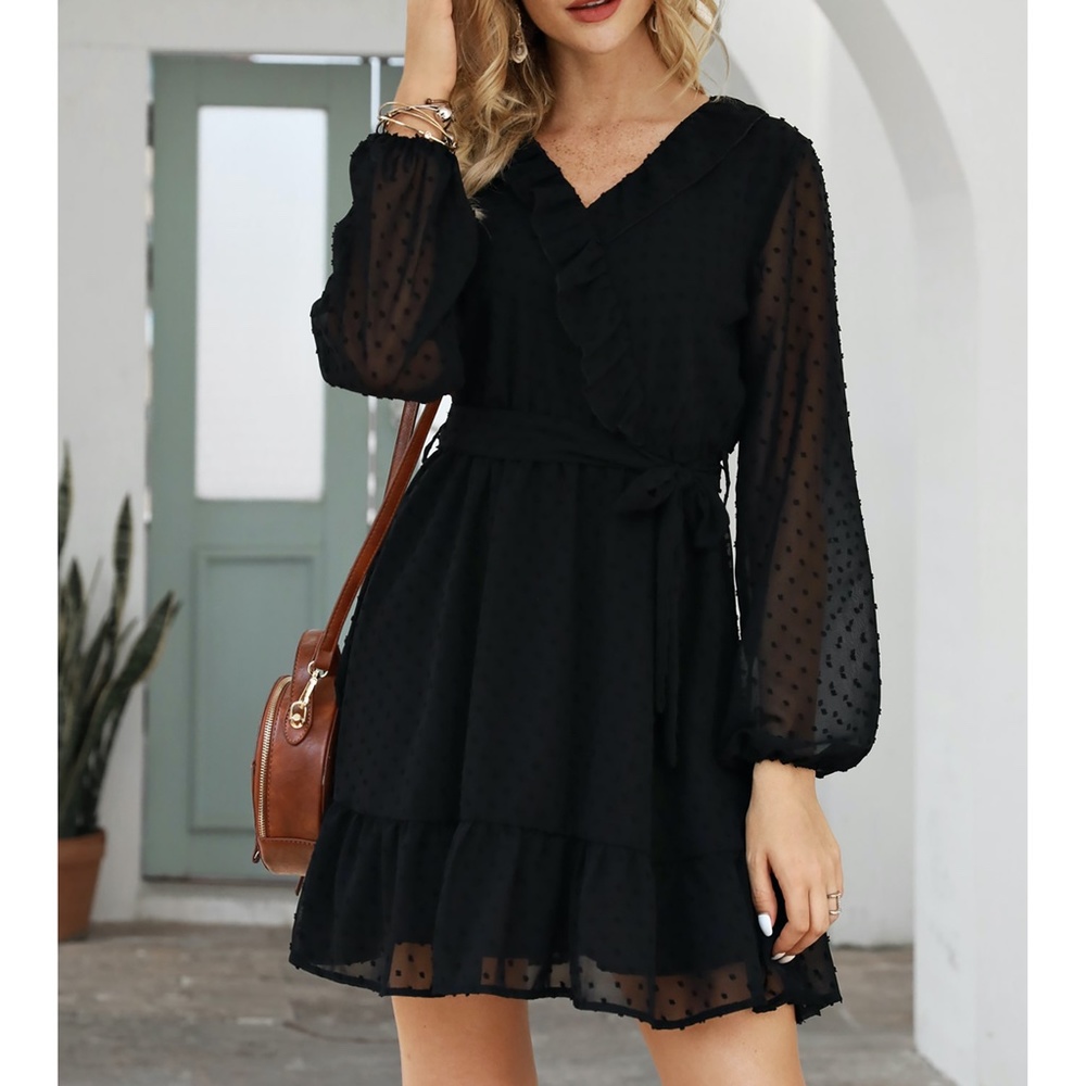 Black Swiss Dot Sheer Sleeves Ruffle Belted Dress - Picture 3 of 10